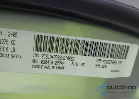 2009 Chrysler 300 Lx из США, поврежденный, VIN 2C3LA43D89H610662